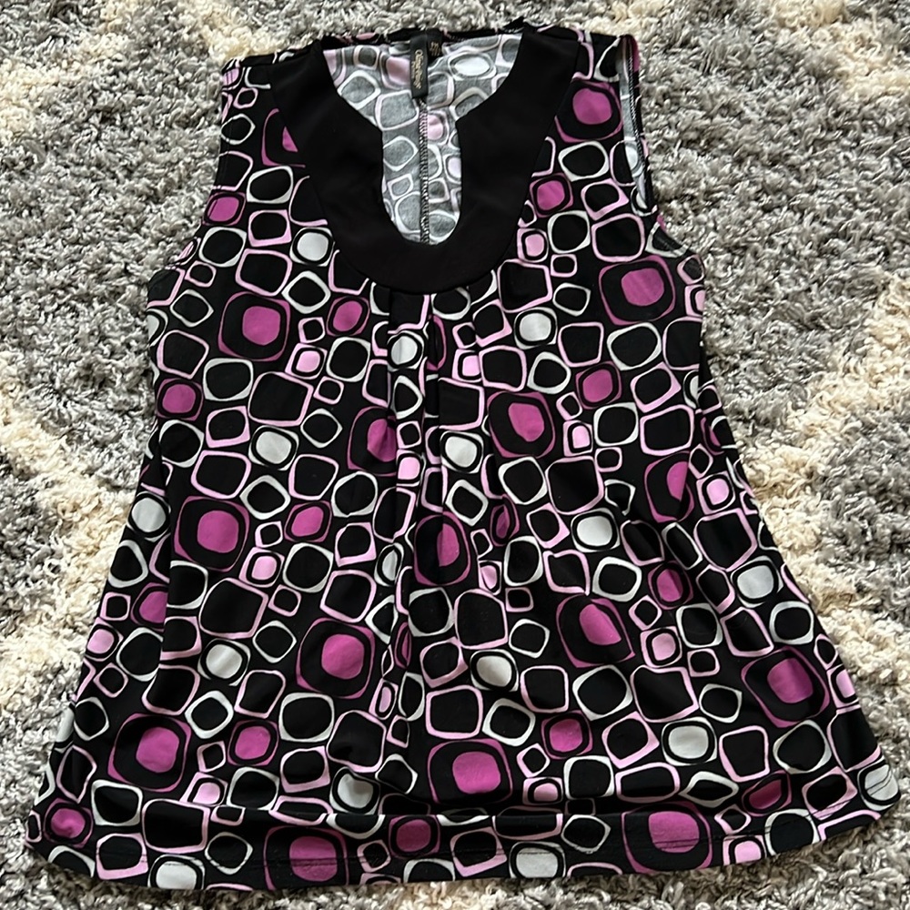 Black and lavender sleeveless blouse